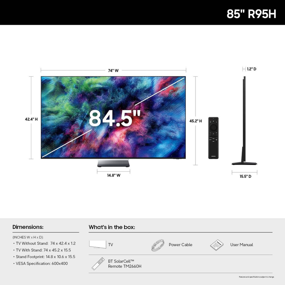 Samsung 85" Class R95H Series Micro RGB 4K UHD Vision AI - Smart Tizen TV with Q-Series 11.1.4 Channel Soundbar System in Black and Titan Black, , large