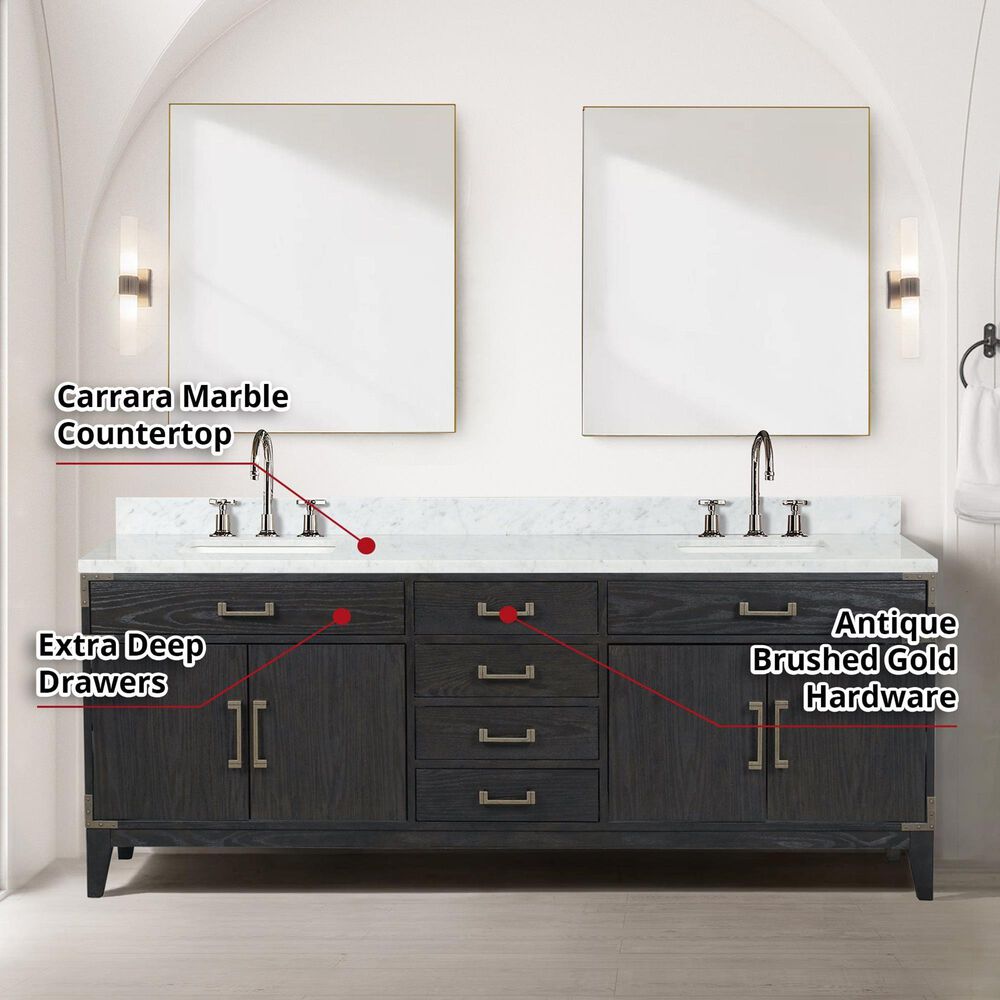 Lexora Home Laurel 84&quot; Double Bathroom Vanity in Black Oak with White Carrara Marble Top and Rectangular Sinks, , large