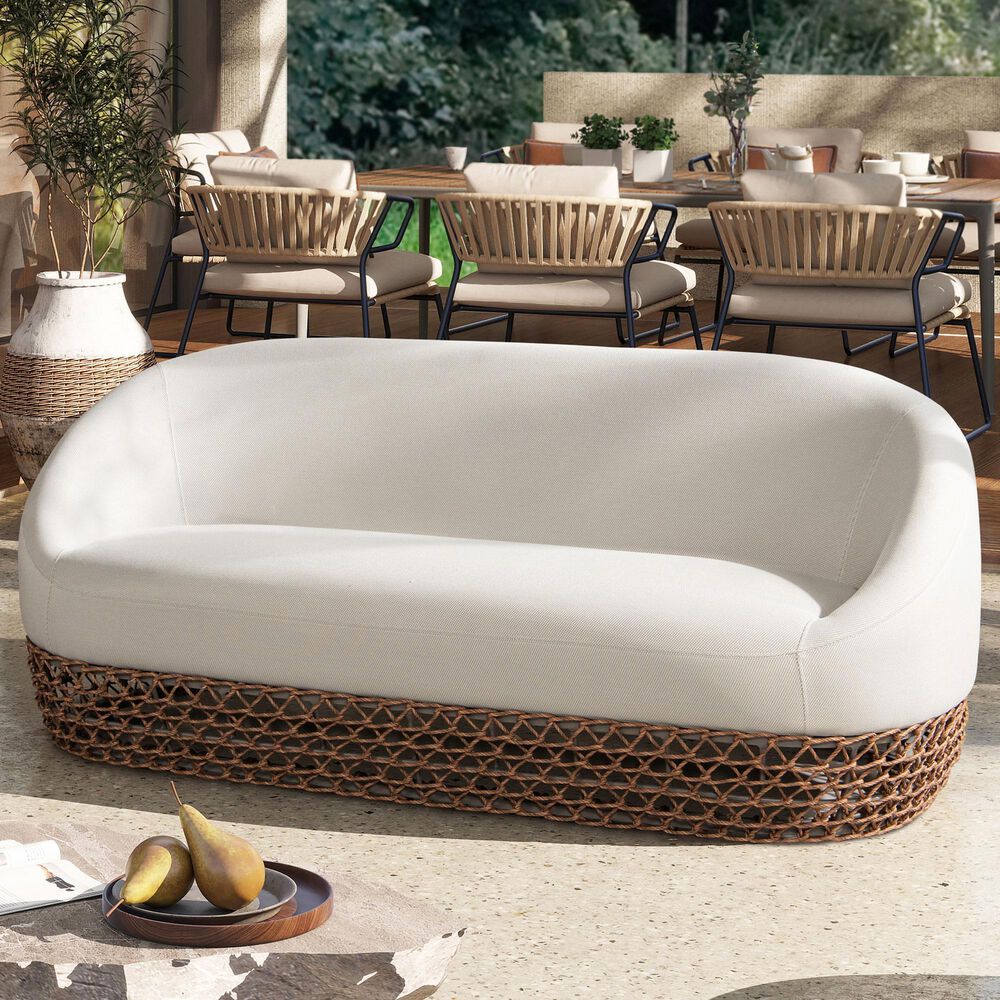 Hearth and Haven Willow Outdoor Upholstered Sofa with Golden Brown Open-Weave Wicker in Wheat Beige, , large