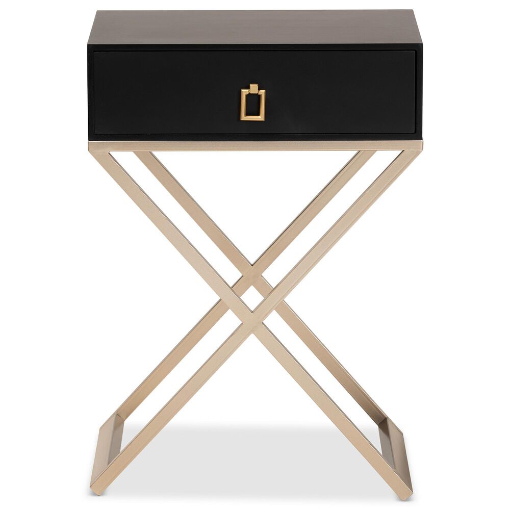 Baxton Studio Patricia 1-Drawer End Table in Black and Brass, , large