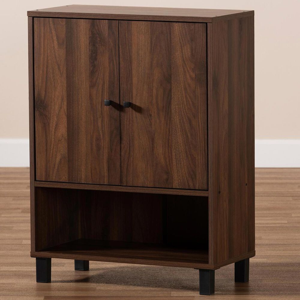 Baxton Studio Rossin 2-Door Entryway Shoe Storage Cabinet with Open Bottom Shelf in Walnut, , large