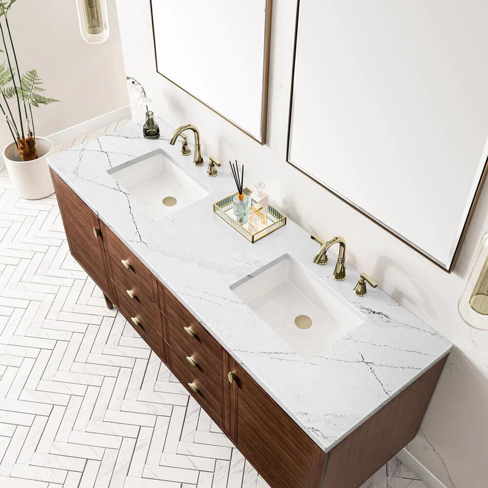 James Martin Vanities Amberly 72&quot; Double Bathroom Vanity in Walnut with 3 cm Arctic Fall Solid Surface Top and Rectangular Sinks, , large