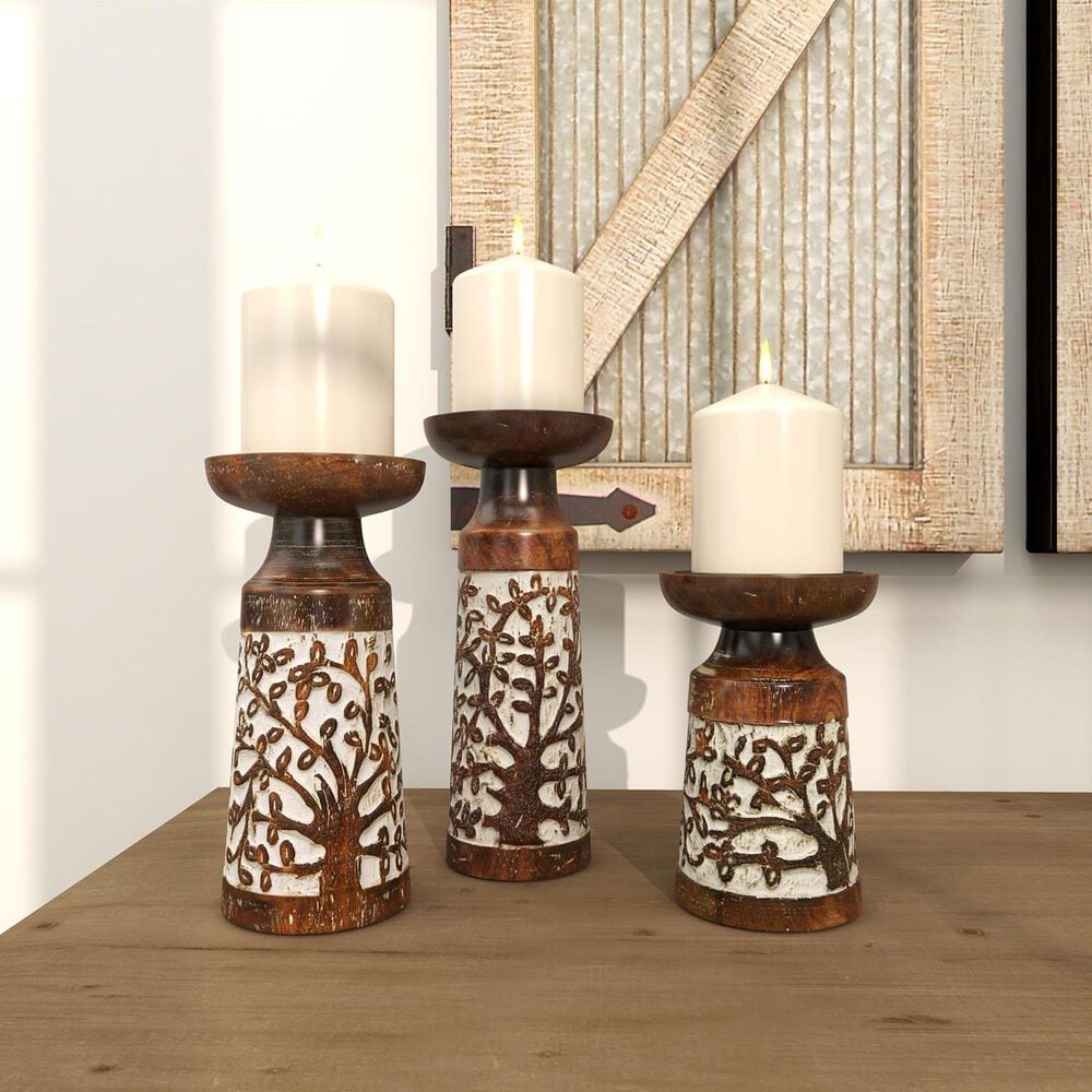 Maple and Jade Handmade Tree Candle Holder in Brown and Whitewashed &#40;Set of 3&#41;, , large