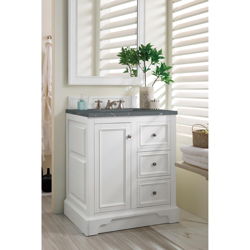 James Martin Vanities De Soto 30" Single Bathroom Vanity in Bright White with 3 cm Parisien Bleu Quartz Top and Rectangular Sink, , large