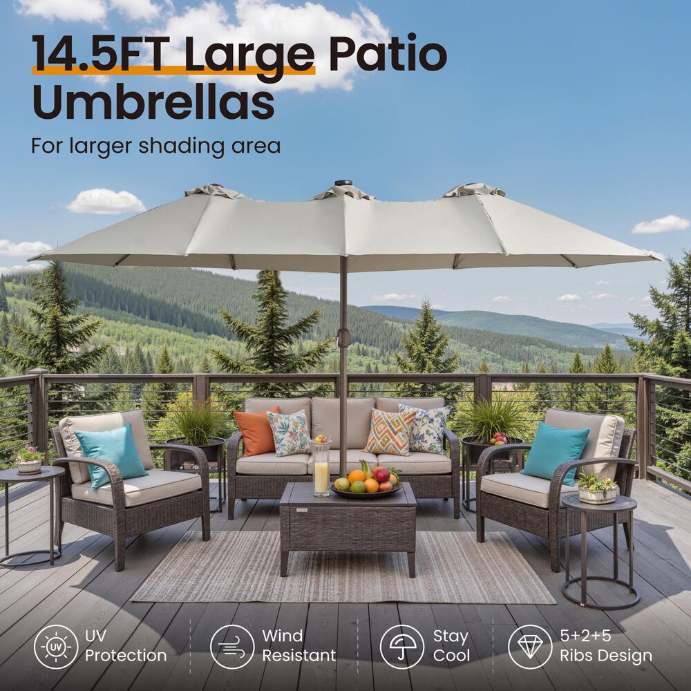 HOMLUX 15' Double-Sided Outdoor Market Umbrella with Sandbag Base and White LED Beads in Light Gray, , large