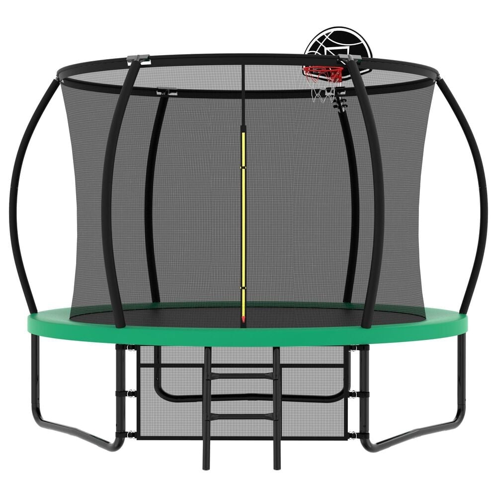 HOMLUX 10' Outdoor Trampoline with Basketball Hoop in Green, , large