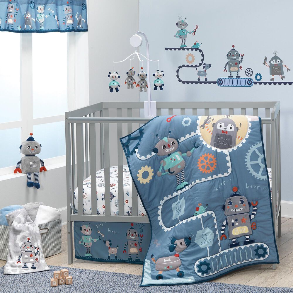 Lambs and Ivy Robbie Robot Window Valance in Blue, Grey and Red, , large