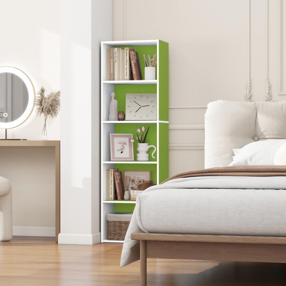 HOMLUX 5-Tier Reversible Bookshelf with Decorative Open Shelves in White and Green, , large