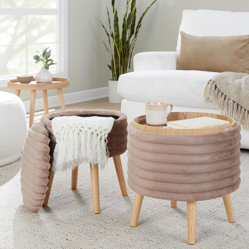 Lumisource Tray Plush 2-Piece Storage Ottoman Set in Light Brown, , large