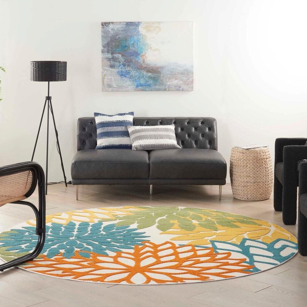 Nourison Aloha 7"10" Round Turquoise and Multicolor Indoor/Outdoor Area Rug, , large