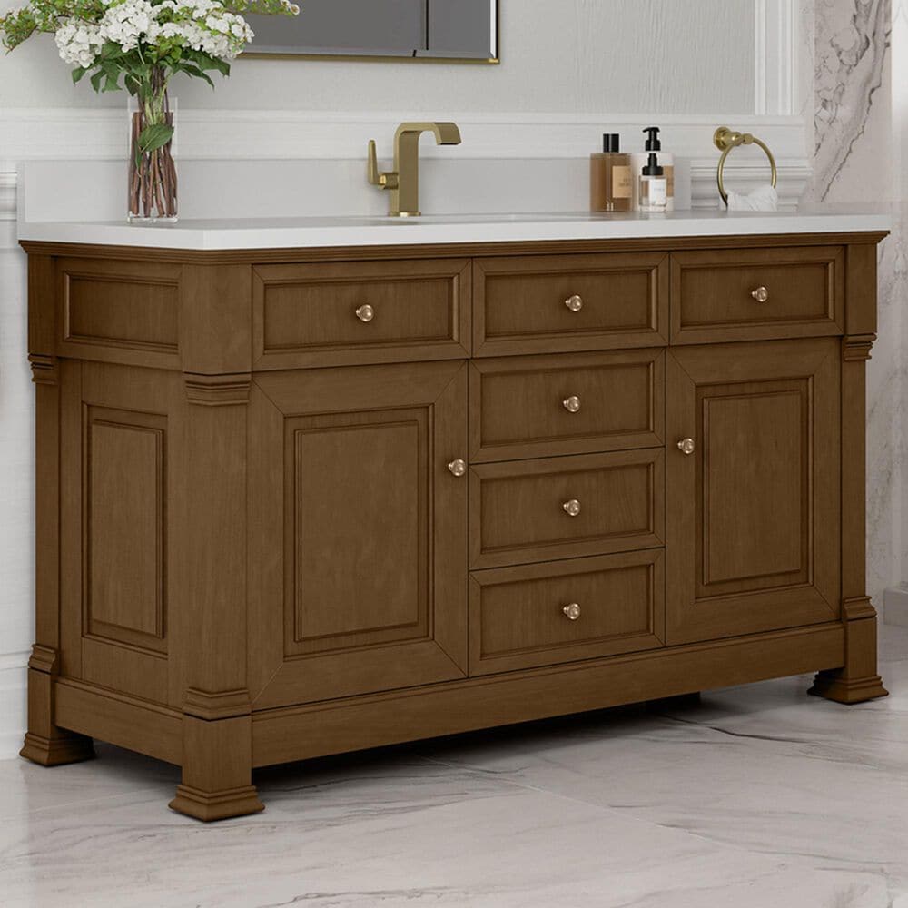 James Martin Vanities Brookfield 60" Single Bathroom Vanity in Honey Oak with Single Hole 3 cm White Zeus Quartz Top and Rectangular Sink, , large