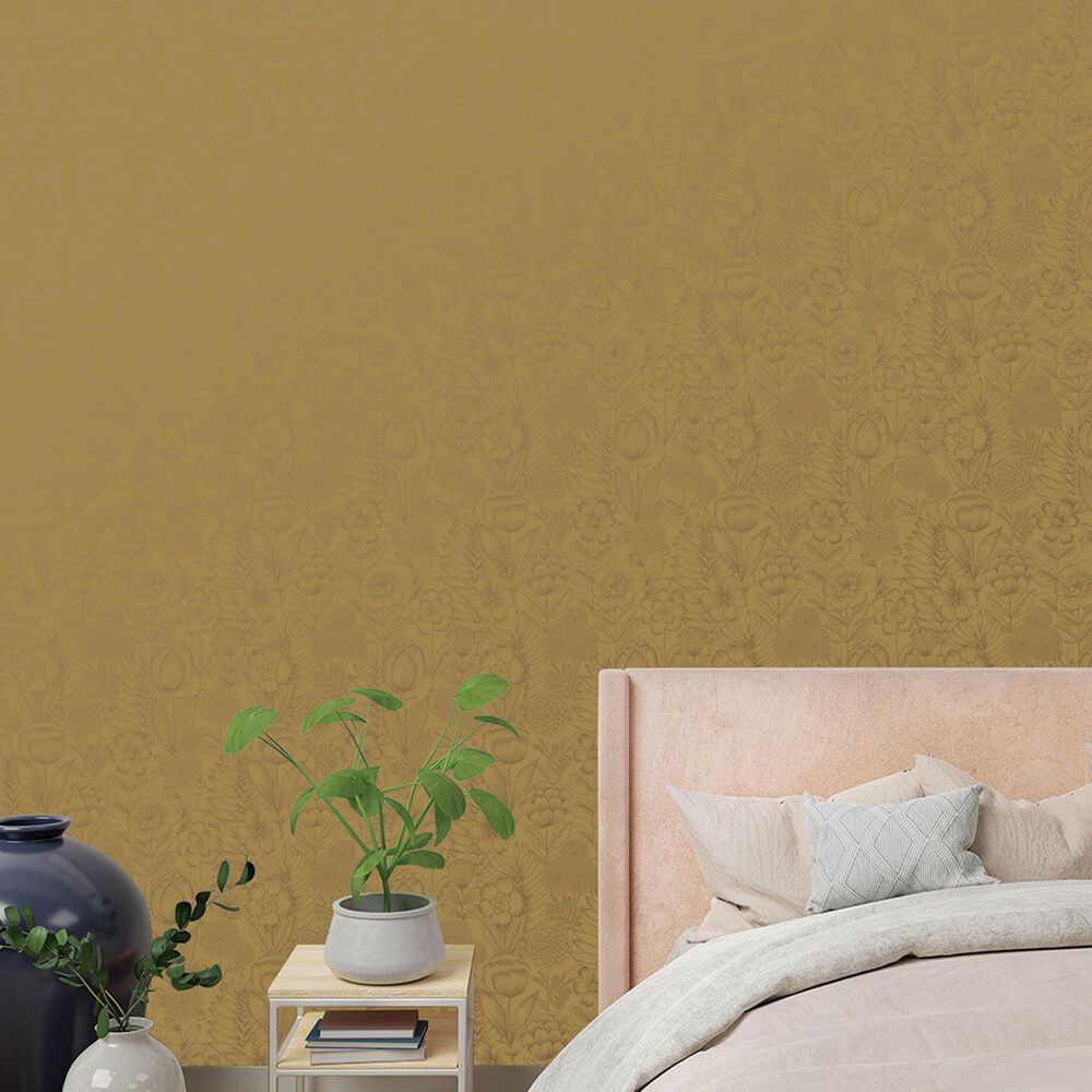 Tempaper Homestead Floral 198&quot; x 20.5&quot; Peel and Stick Wallpaper in Metallic Marigold, , large