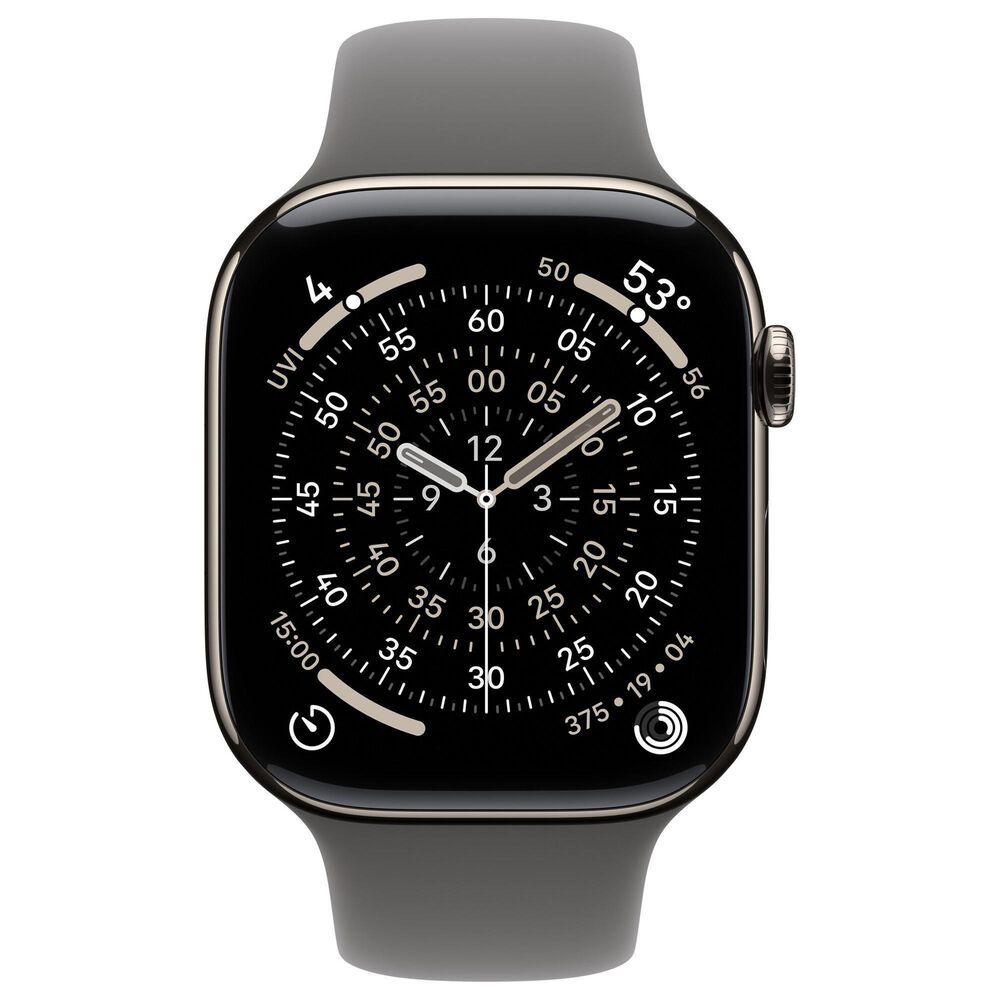 Apple Watch Series 11 (GPS+Cellular) 46mm Titanium Case with Stone Gray Sport Band - S/M in Natural and 2-Year AppleCare+, , large