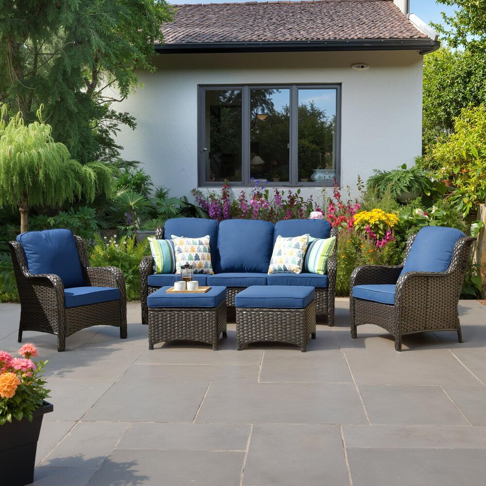 HOMLUX 5-Piece Patio Furniture Set with Chairs and Ottomans, High Back Outdoor Sofa Set, Brown Rattan in Denim Blue, , large