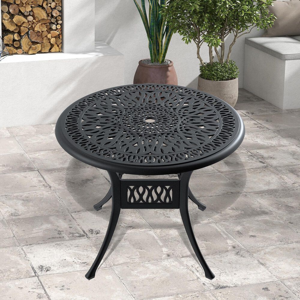 Hearth and Haven Outdoor Aluminum Dining Table with Umbrella Hole and Anti-Slip Foot Pad, Black, , large
