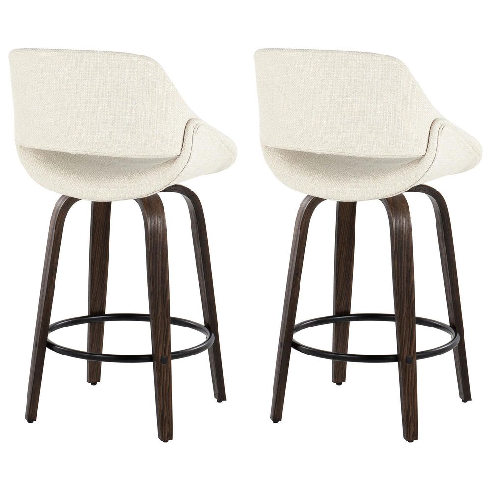 LumiSource Fabrico 26" Swivel Fixed-Height Counter Stool with Cream Noise Fabric Upholstery in Black and Glazed Walnut (Set of 2), , large