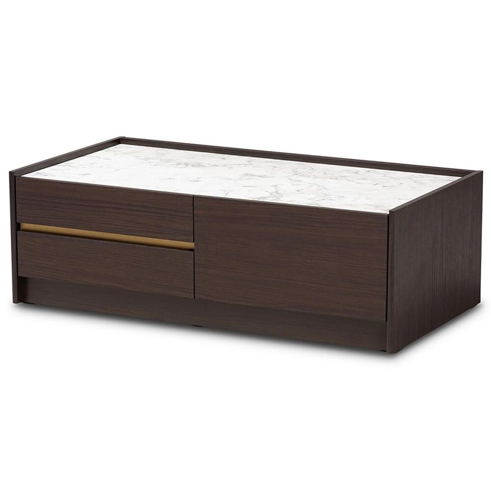 Baxton Studio Walker Coffee Table in Brown, Marble and Gold, , large