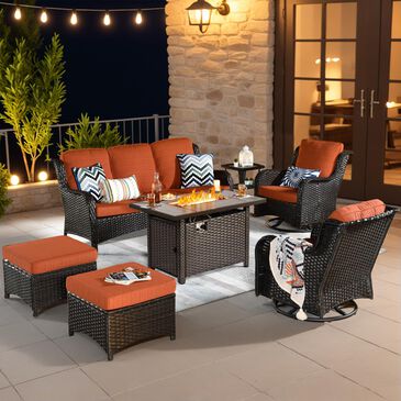 HOMLUX 7-Piece Patio Set with 42 Inch Fire Pit Table, Outdoor Wicker Sofa and Swivel Rocking Chairs, Brown Rattan in Orange Red, , large