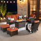 HOMLUX 7-Piece Patio Set with 42 Inch Fire Pit Table, Outdoor Wicker Sofa and Swivel Rocking Chairs, Brown Rattan in Orange Red, , large