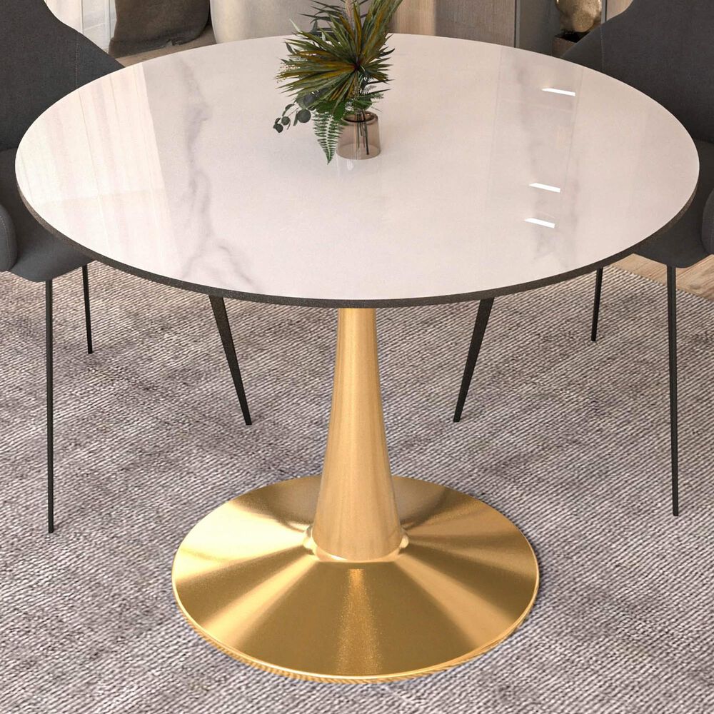 Leisuremod Bristol 40&quot; Round Dining Table with MDF Top in Gold and Marbled White - Table Only, , large