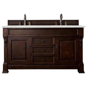 James Martin Vanities Brookfield 60" Double Bathroom Vanity in Burnished Mahogany with 3 cm Eternal Jasmine Pearl Quartz Top and Rectangle Sinks, , large