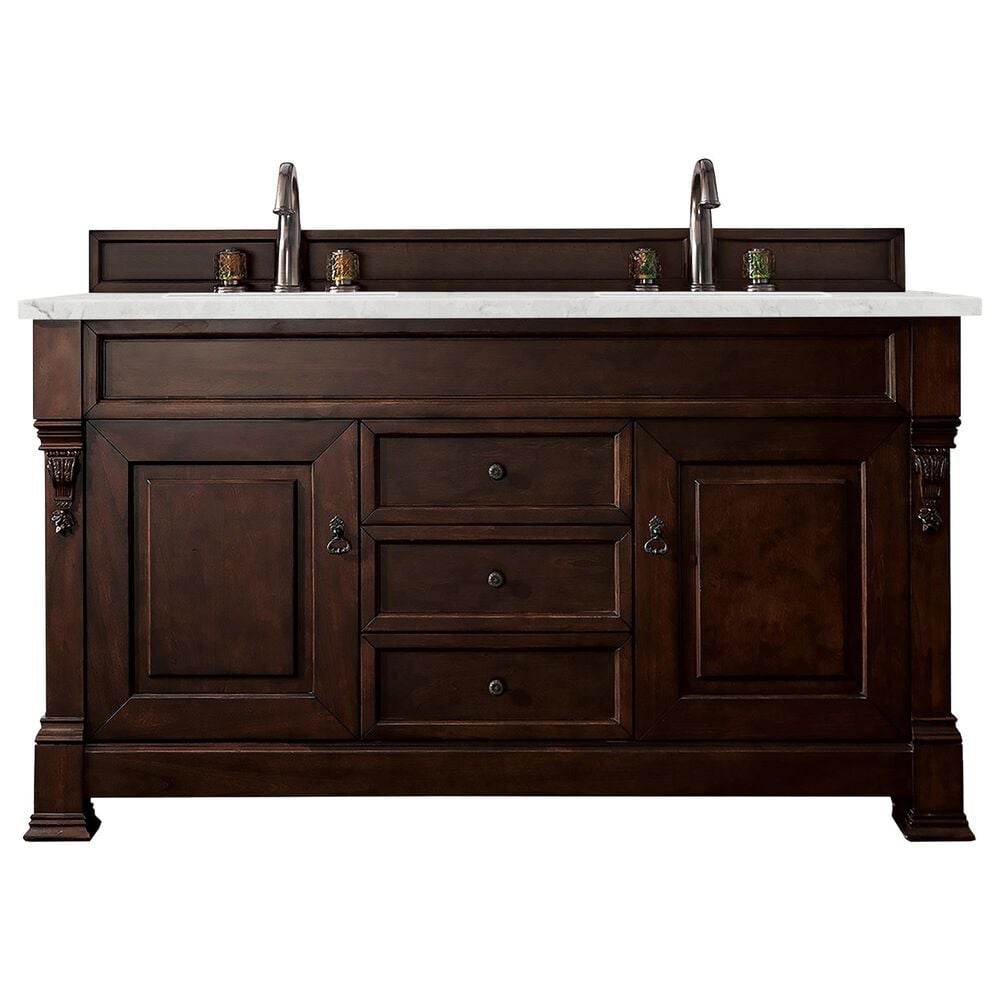 James Martin Vanities Brookfield 60" Double Bathroom Vanity in Burnished Mahogany with 3 cm Eternal Jasmine Pearl Quartz Top and Rectangle Sinks, , large