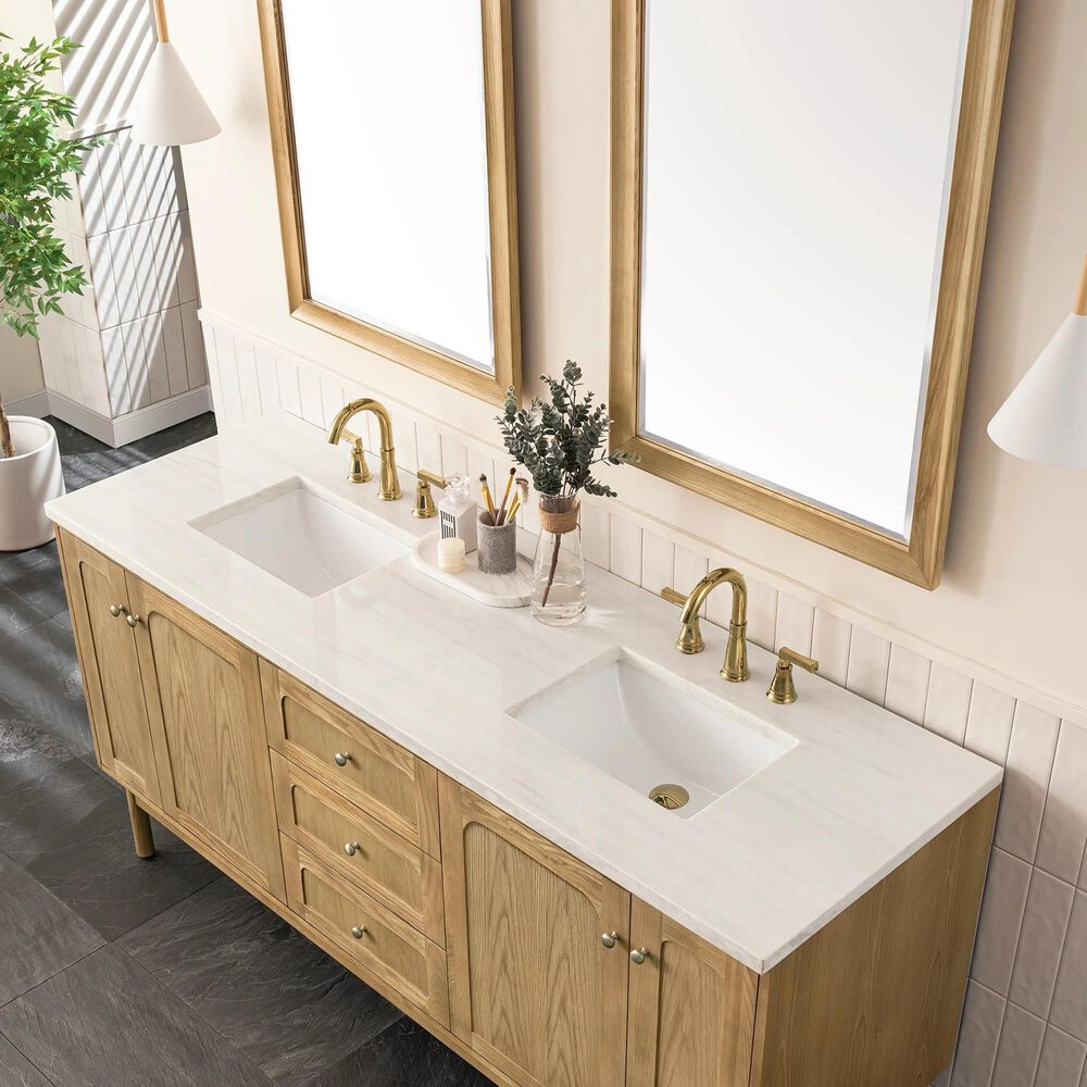 James Martin Vanities Laurent 72&quot; Double Bathroom Vanity in Light Natural Oak with 3 cm Arctic Fall Solid Surface Top and Rectangular Sinks, , large