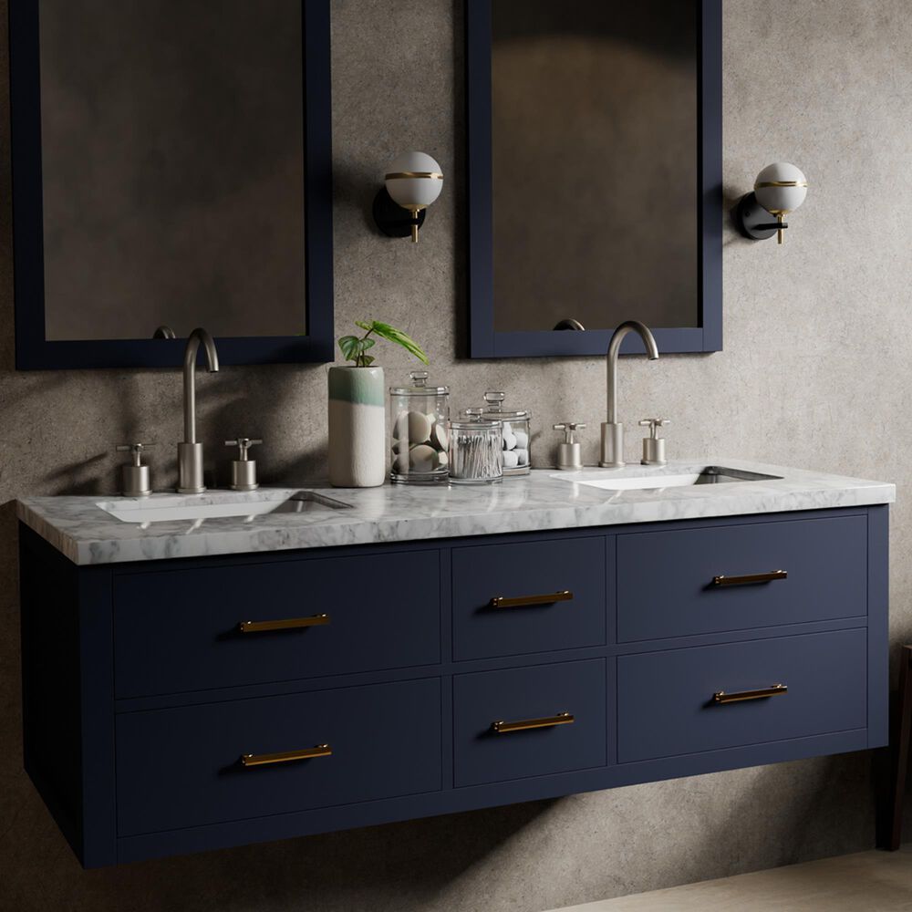 Lexora Home Castor 60" Double Bathroom Vanity in Blue with 2 cm White Carrara Marble Top and Rectangular Sinks, , large