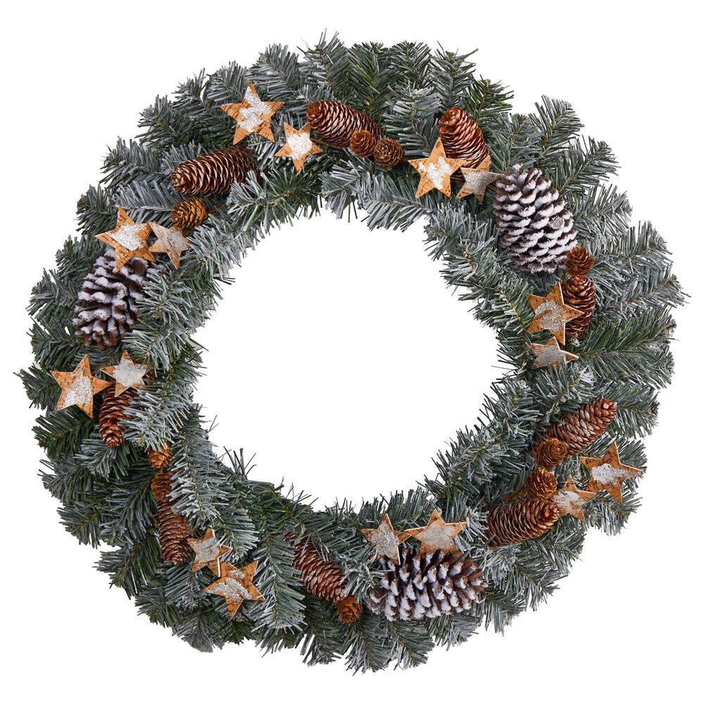 Nearly Natural Inc 24in. Christmas Winter Frosted Stars and Pinecones Holiday Wreath, , large