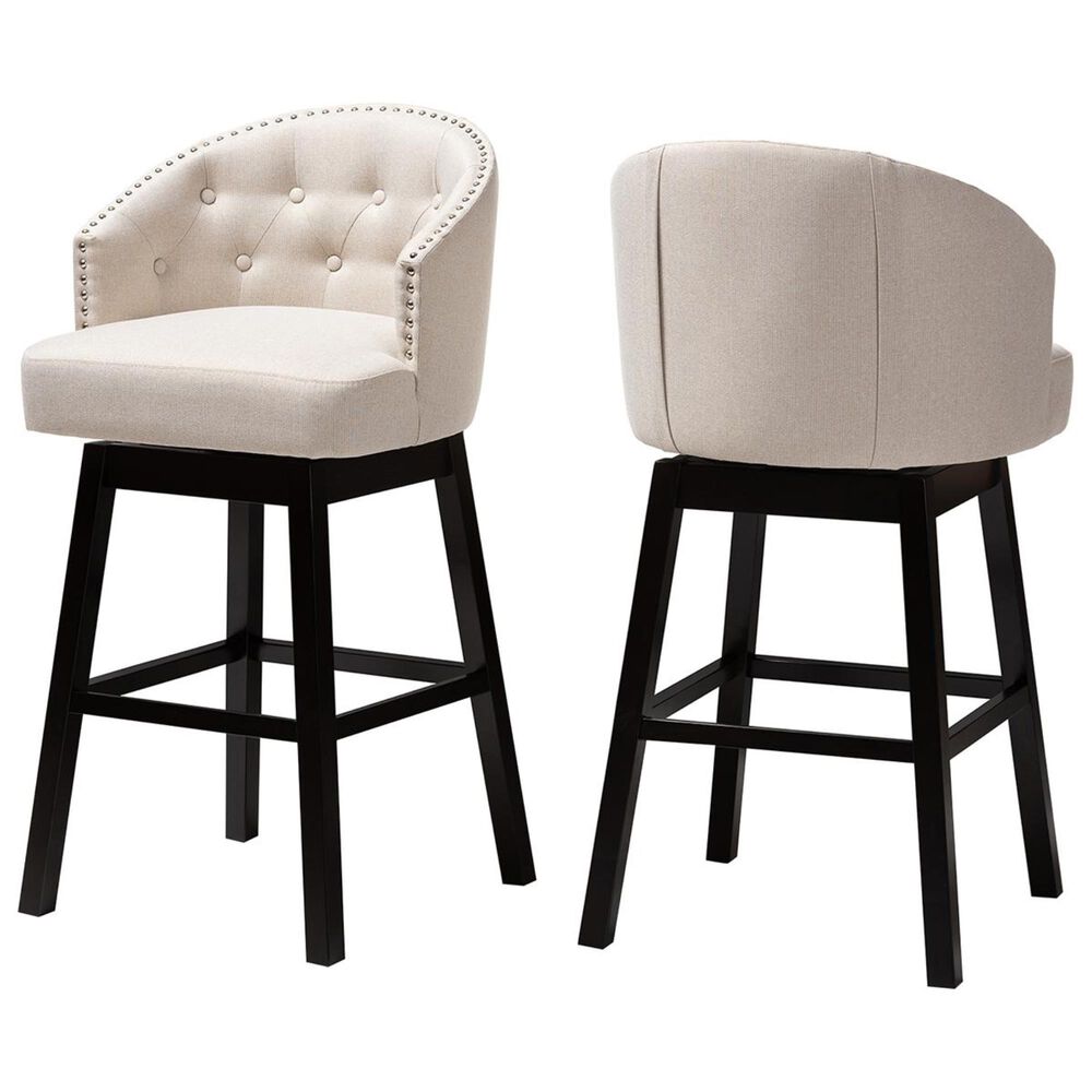 Baxton Studio Theron Swivel Bar Stool in Light Beige and Espresso (Set of 2), , large