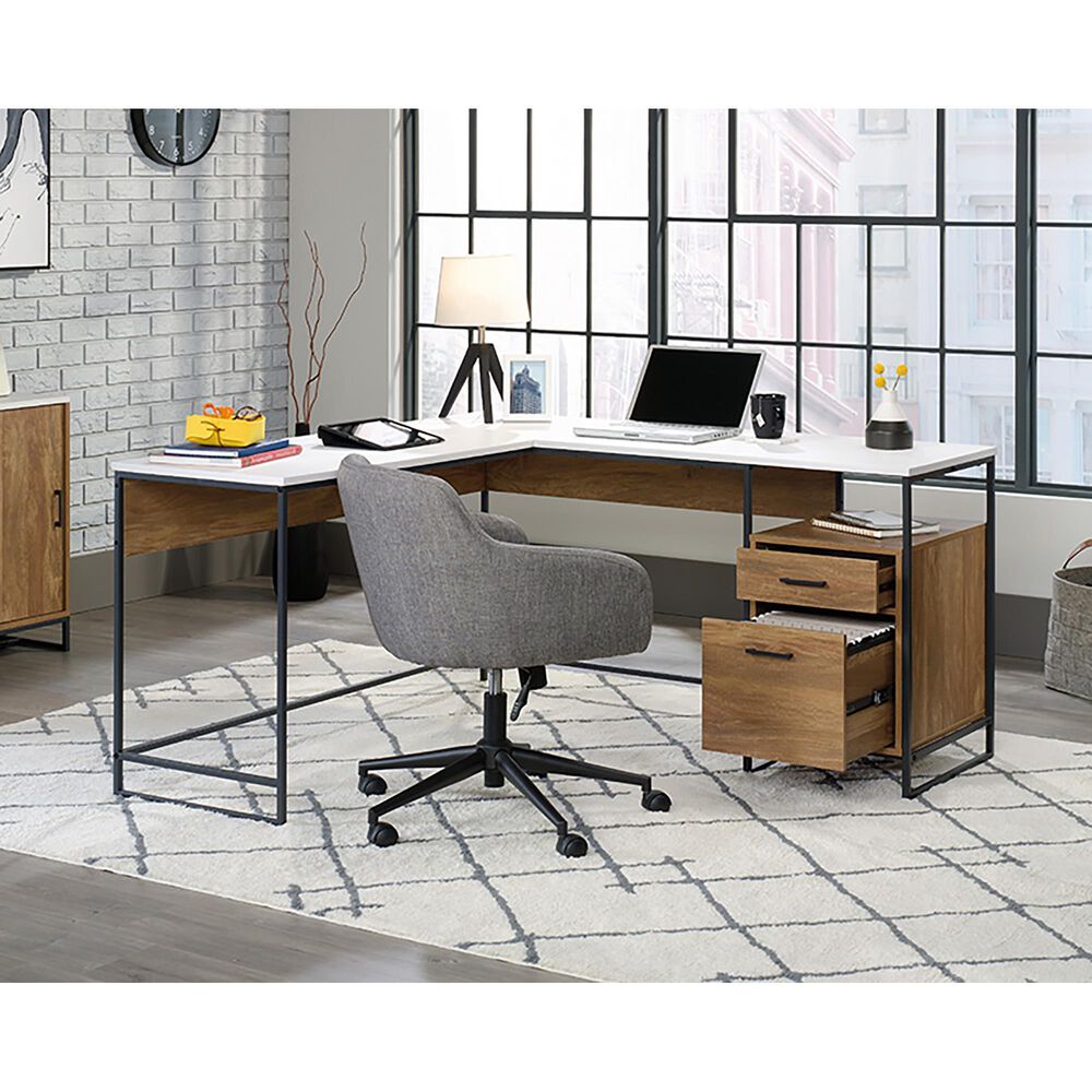 Sauder Tremont Row L-Shaped Desk in Sindoori Mango and White, , large