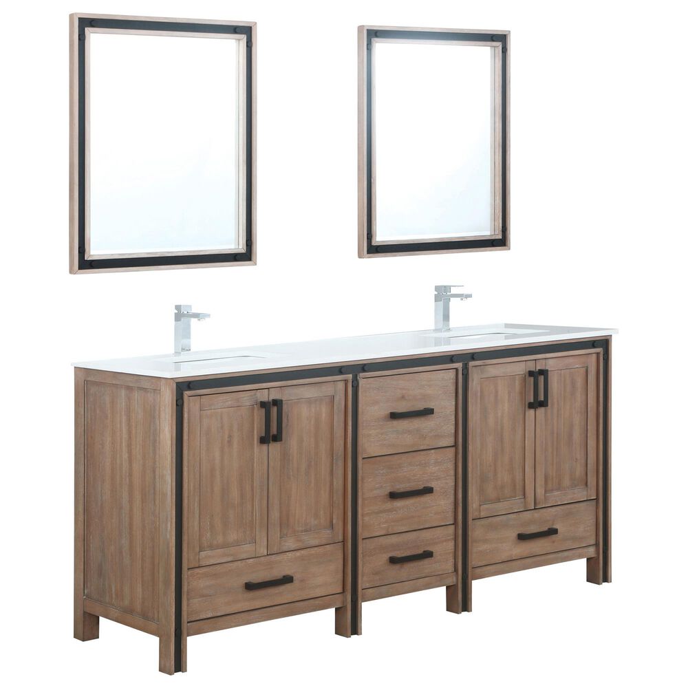 Lexora Home Ziva 72" Double Bathroom Vanity in Rustic Barnwood with White Cultured Marble Top, Rectangle Sinks, Chrome Faucets and Mirrors, , large
