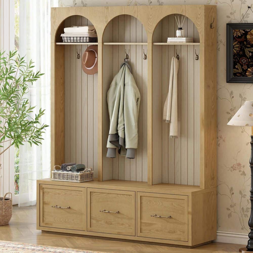GigaCloud Wooden Hall Tree with Arched Design and Drawers in Natural and Oak, , large
