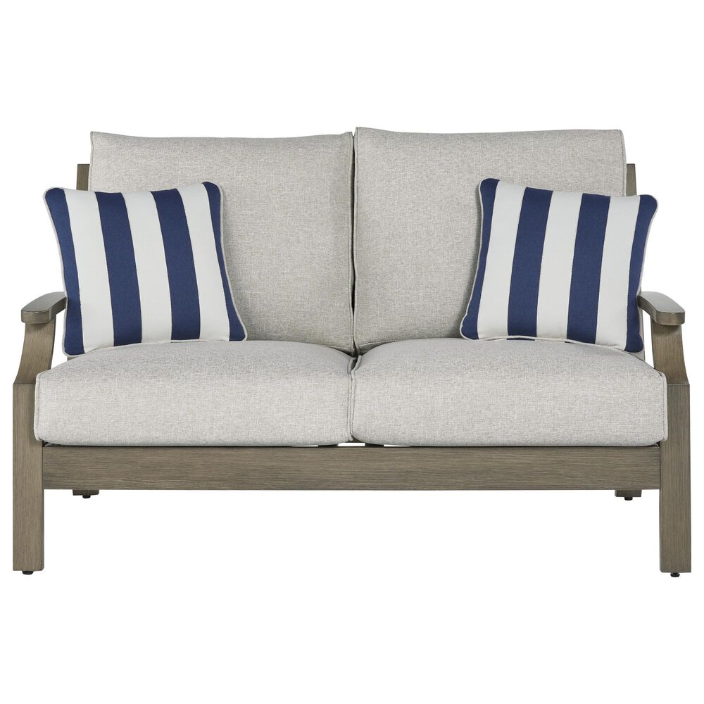 Ashley Rainier Ranch Outdoor Loveseat with Beige Cushion in Brown, , large
