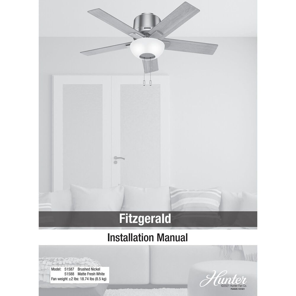 Hunter Fitzgerald 44&quot; Ceiling Fan with LED Lights in Brushed Nickel, , large