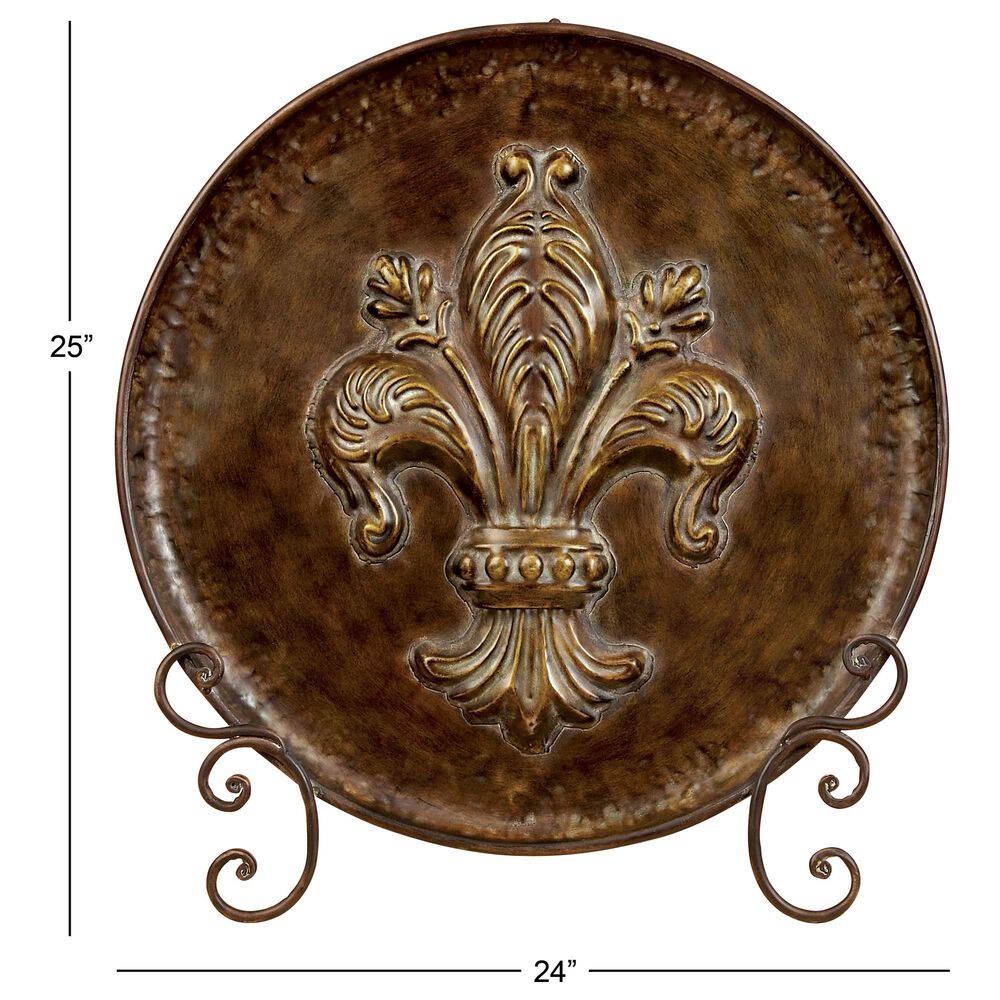 Maple and Jade Embossed Detail Fleur De Lis Decorative Charger with Stand in Brown, , large