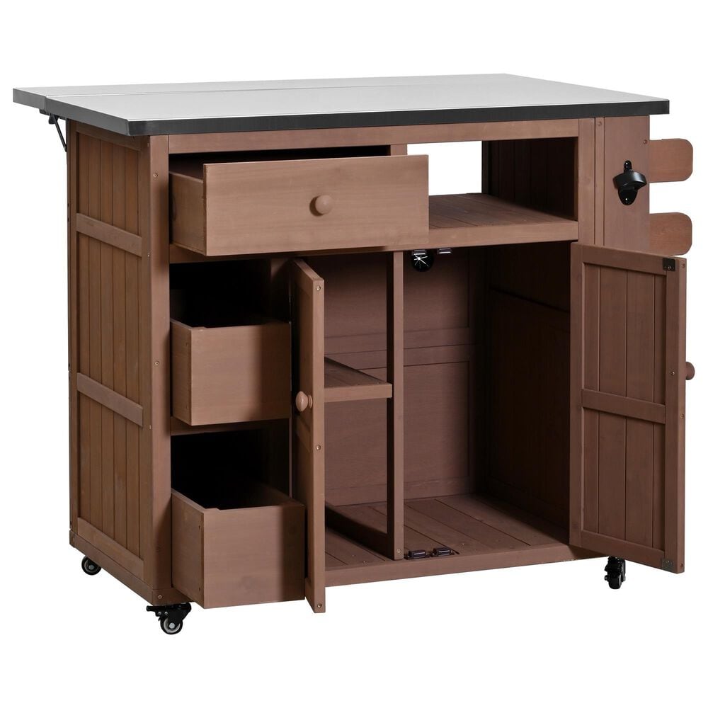 Hearth and Haven Outdoor Kitchen Island Cart with Extendable Stainless Steel Top and Adjustable Shelf in Brown, , large