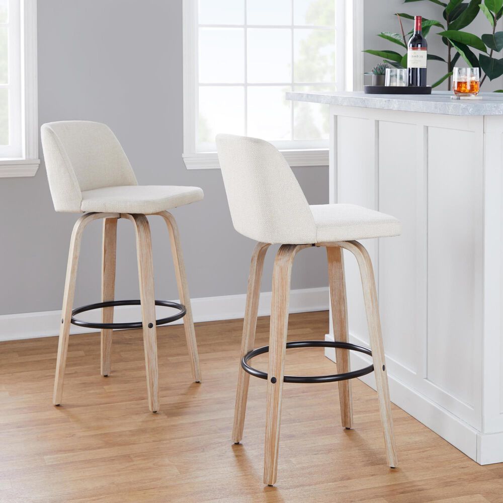 LumiSource Toriano Swivel Bar Stool with Cream Noise Fabric Upholstery in Whitewashed and Black (Set of 2), , large