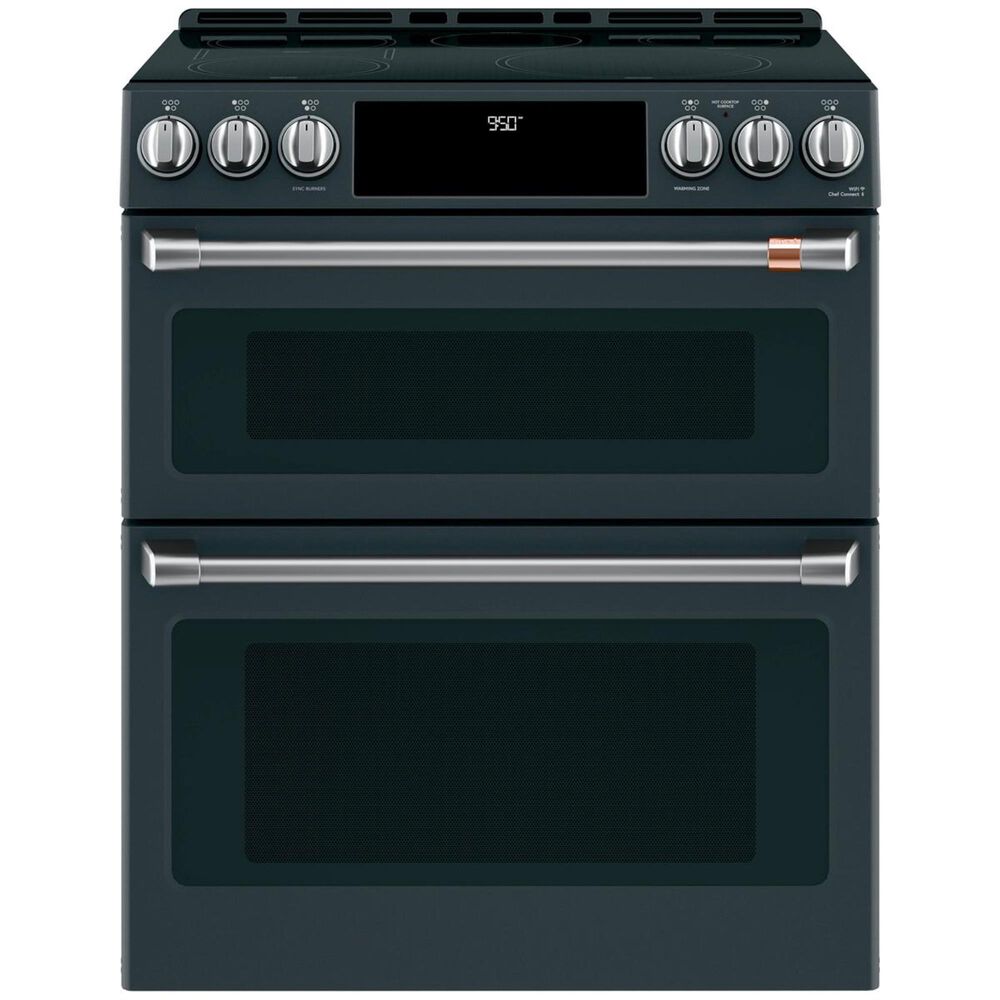 Cafe 30" Slide-In Front Control Induction and Convection Double Oven Range in Matte Black With Brushed Stainless Handles and Control Knobs, , large