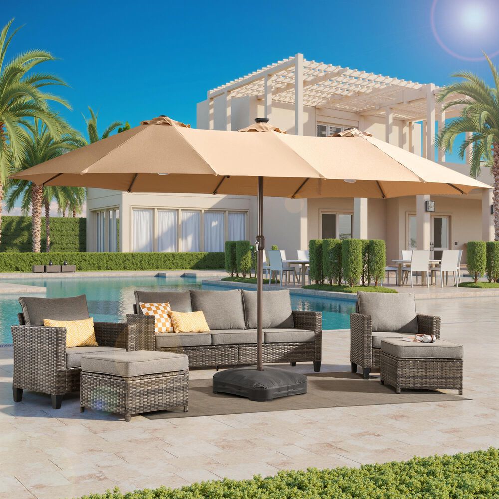 HOMLUX 15' Outdoor Market Umbrella with Sandbags Base and LED Lights in Khaki, , large