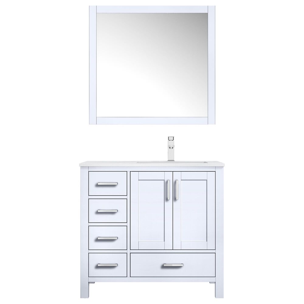 Lexora Home Jacques 36" Right Single Bathroom Vanity in White with Carrara Marble Top, Rectangle Sink, Chrome Faucet and Mirror, , large