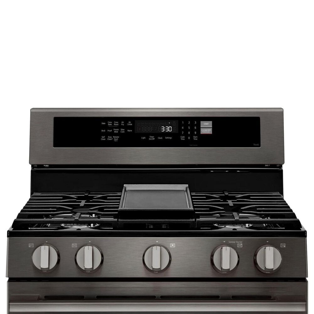 LG 2-Piece Kitchen Package with 6.3 Cu. Ft. Smart Freestanding Gas Range and 2.1 Cu. Ft. Smart Over-the-Range Microwave in Black Stainless Steel, , large