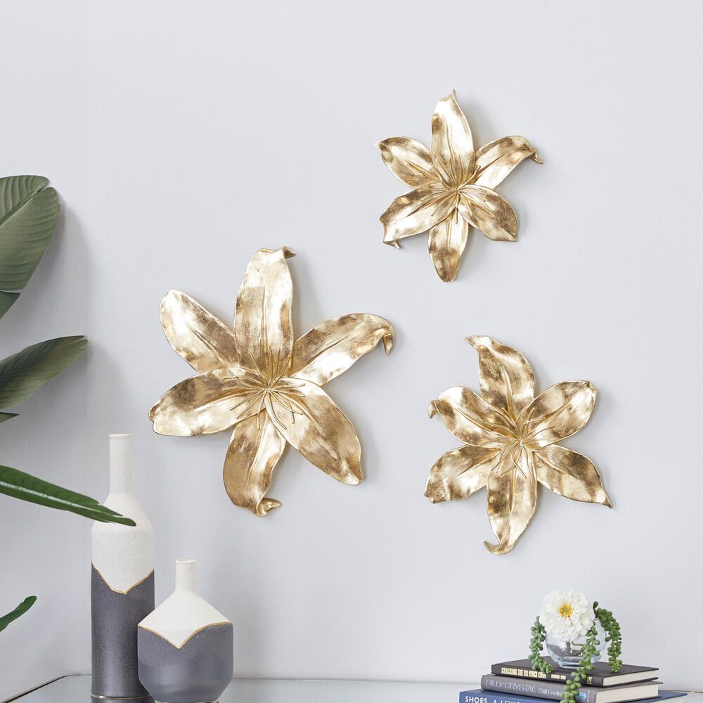 Maple and Jade 18&quot; x 16&quot; Contemporary Flowers Wall Decor in Gold &#40;Set of 3&#41;, Gold, large