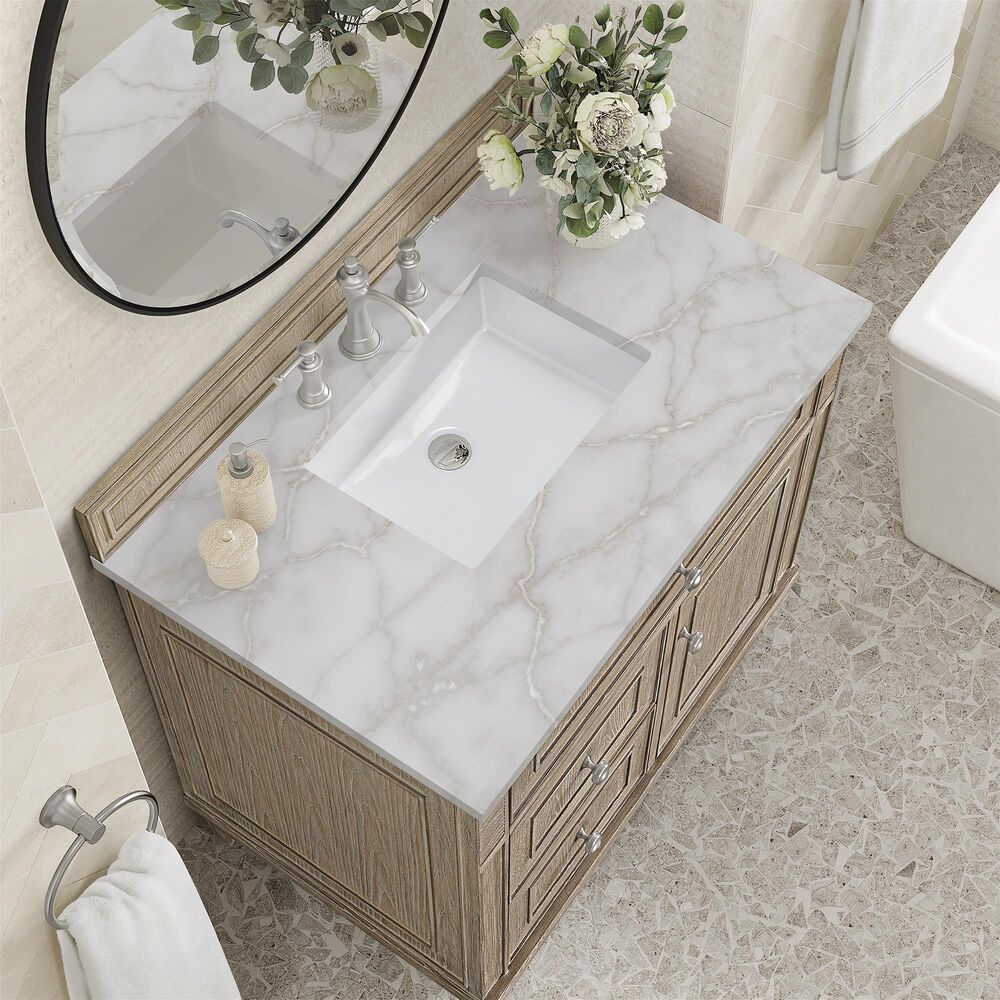 James Martin Vanities Lorelai 36&quot; Single Vanity in Whitewashed Oak with 3cm Victorian Silver Quartz Top, , large