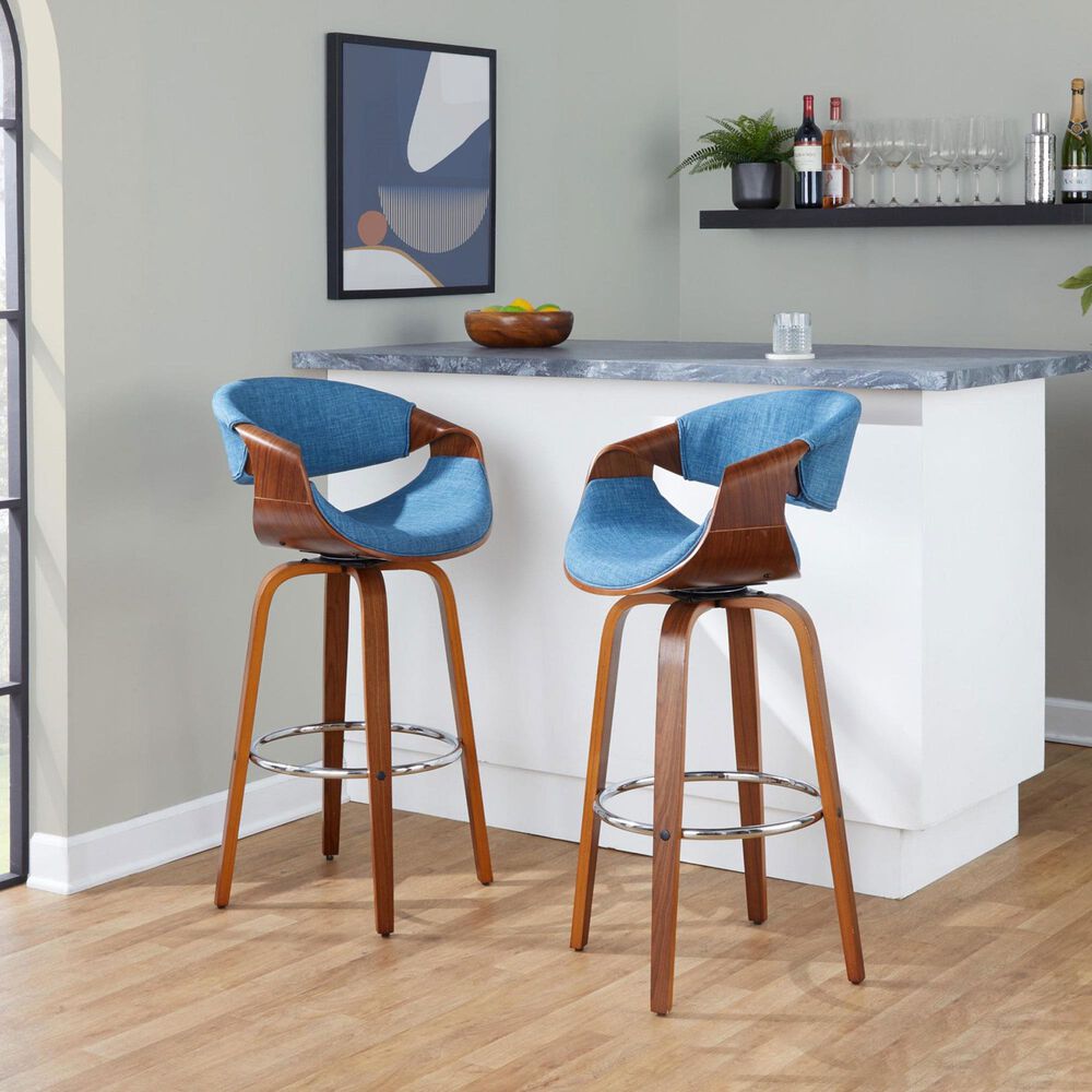 LumiSource Curvini 30" Swivel Barstool with Blue Upholstery in Walnut and Chrome (Set of 2), , large