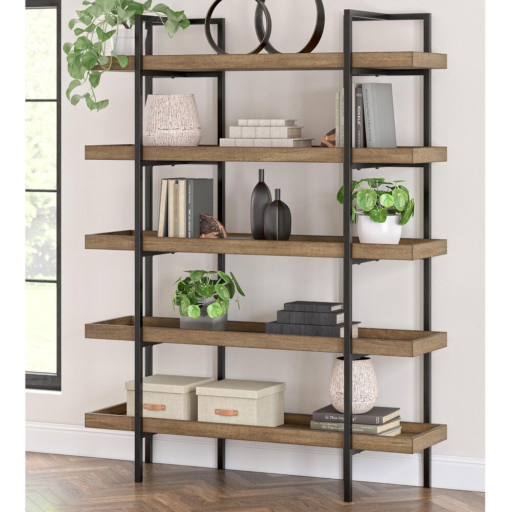 Ashley Montia 76&quot; Bookcase in Light Brown and Gunmetal Gray, , large