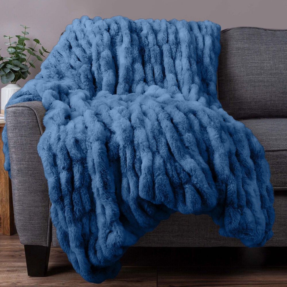 Timberlake 60" x 80" Ruched Faux Fur Throw Blanket in Blue, , large