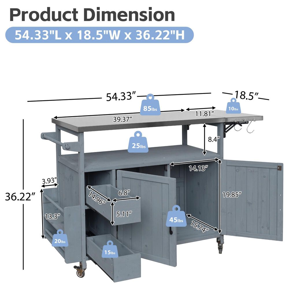HOMLUX Farmhouse Rolling Outdoor Kitchen Cart with Stainless Steel Top in Blue Gray, , large