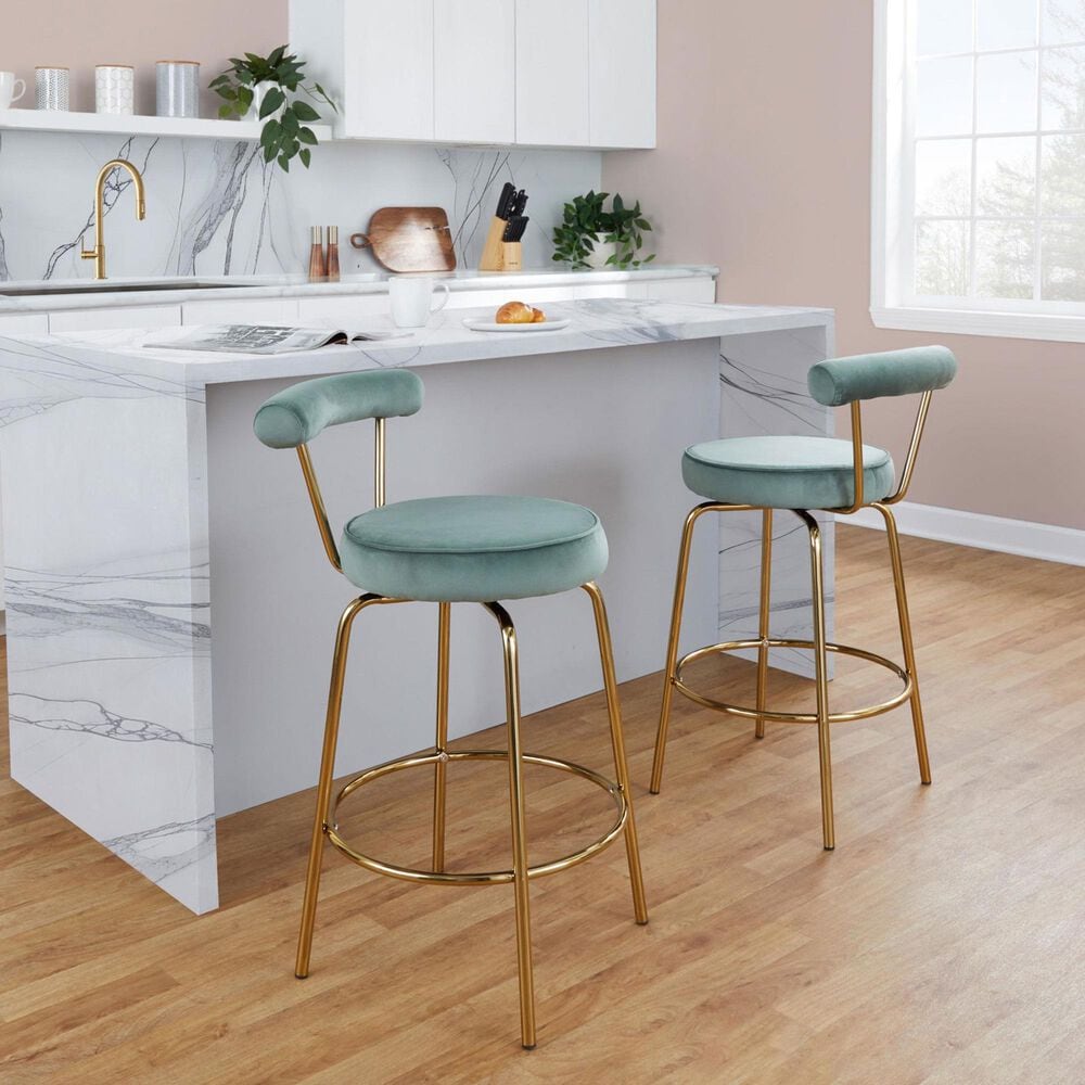Lumisource Rhonda Swivel Counter Stool with Sage Green Velvet Cushion in Gold &#40;Set of 2&#41;, , large