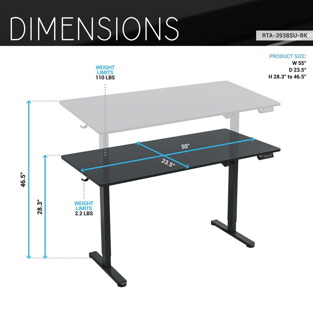 Rta Products Llc Zenith Electric Height Adjustable Sit-to-Stand Desk in Black, , large